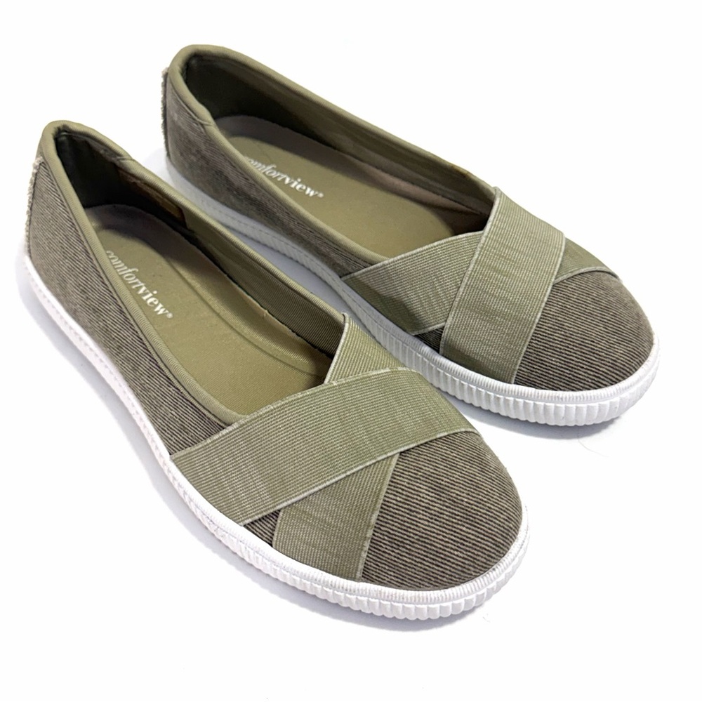 comfortview Women's Olive Slip-On Crossband Sneakers